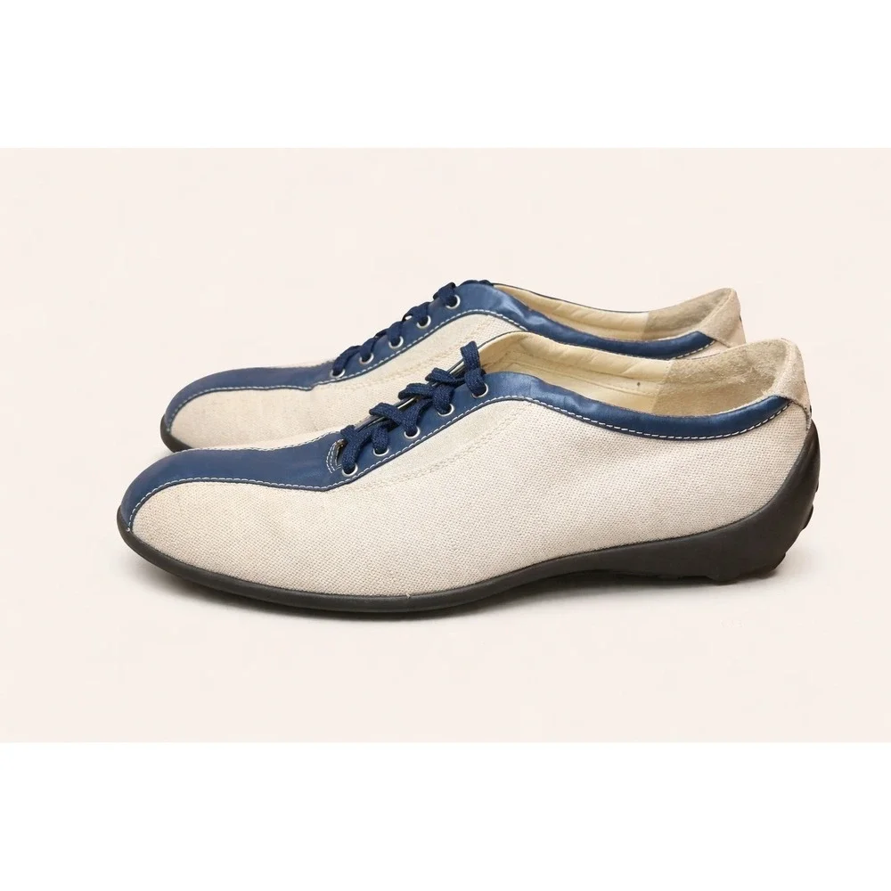 Tod's Navy Leather Linen Sneakers Women's 8.5 Driving Shoes Retro Bowling Italy